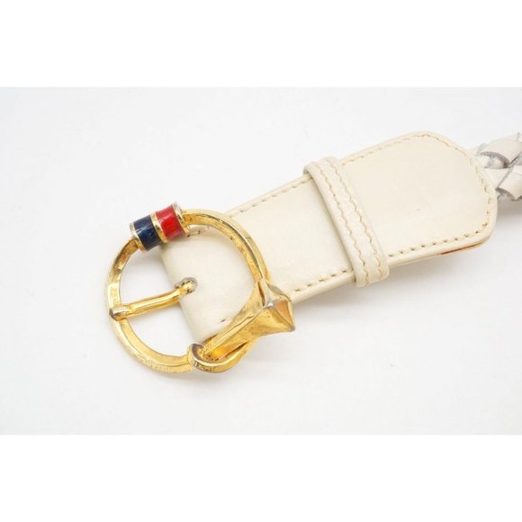 Vintage Gucci White Leather Belt with Red Blue Enamel Round Gold Buckle - Picture 2 of 9